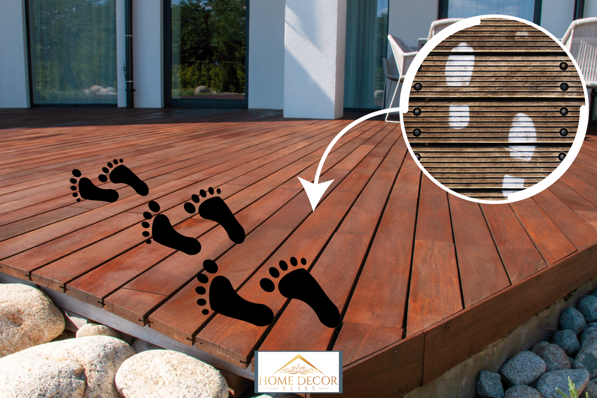 Ipe wood deck, modern house design with wooden patio, low angle view of tropical hardwood decking, Footprints On Stained Deck - How To Prevent And Fix