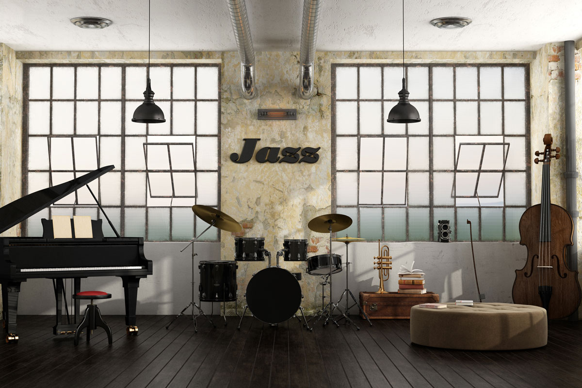 Grand piano, drums and double bass in a loft