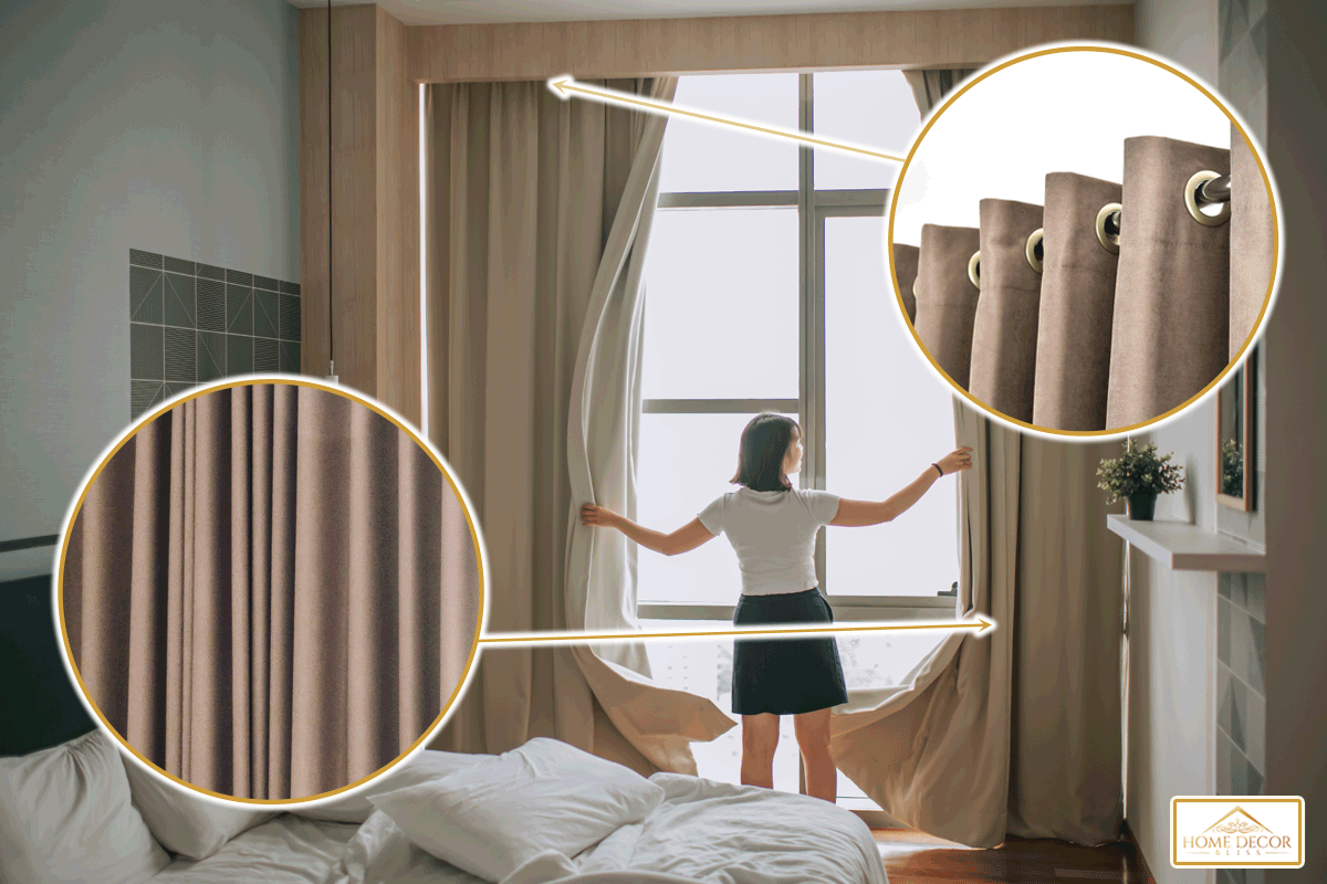 Girl open curtain of her bedroom in the morning, How Much Fullness For Curtains? [Inc. Eyelet Curtains]