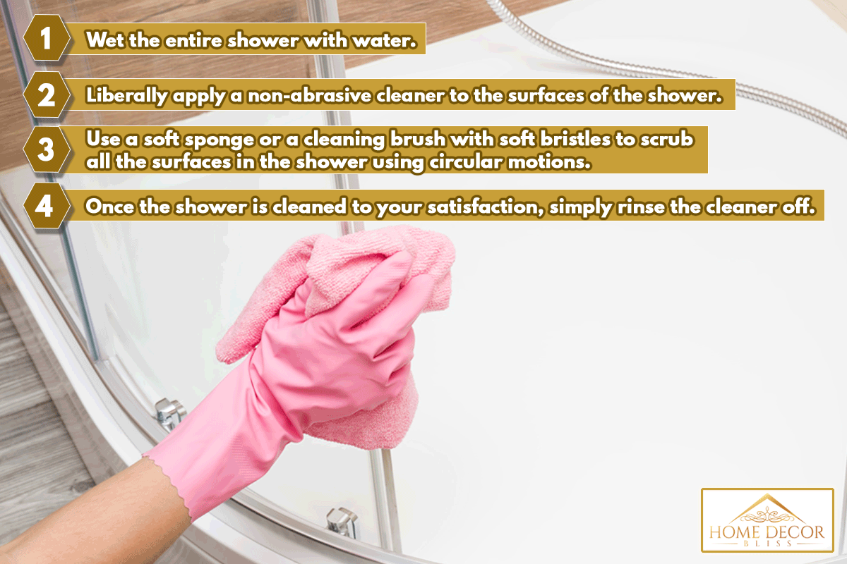 Employee hand in rubber protective glove with rag washing and polishing a shower cabin doors, How To Clean A Plastic Shower
