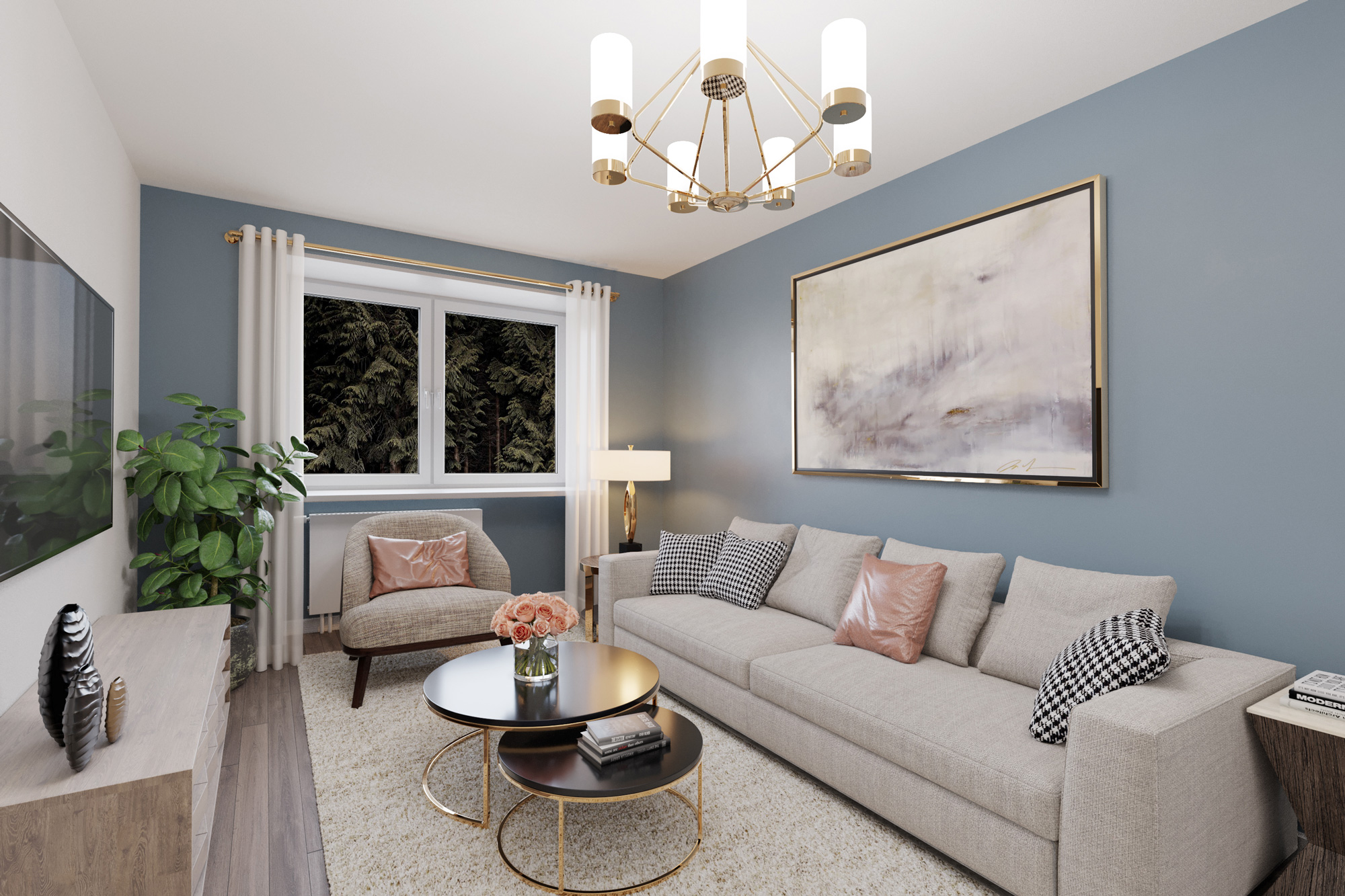 Interior of a living room transformed with powder blue walls