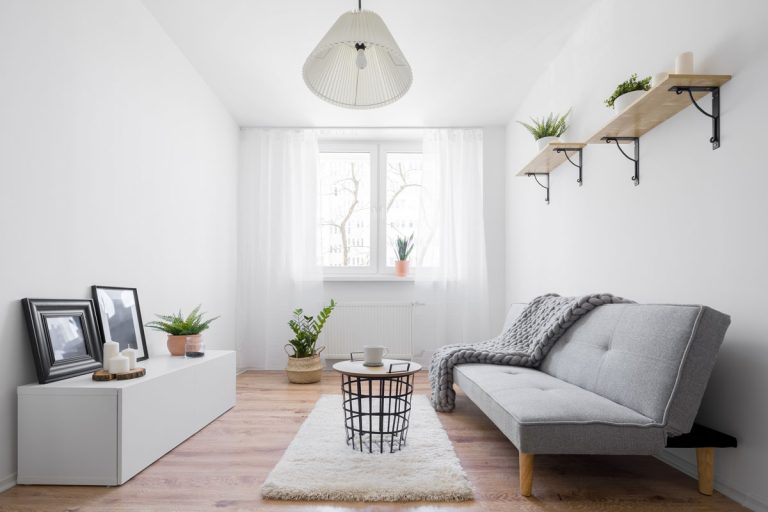 Interior of an elegant and narrow white living room, white sofa and a small white TV accent chest, White VS Colored Walls: Which Is Better For Your Living Room?