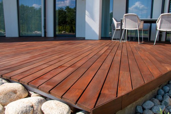 Ipe wood deck, modern house design with wooden patio, low angle view of tropical hardwood decking, Footprints On Stained Deck - How To Prevent And Fix