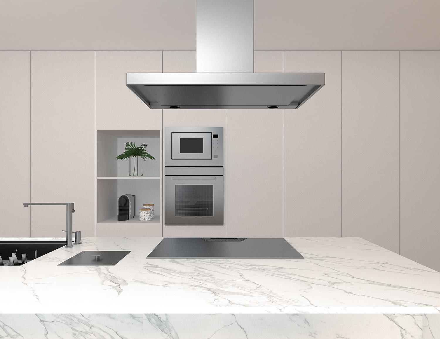 Kitchen in new luxury home with white calacatta classic quartz marble