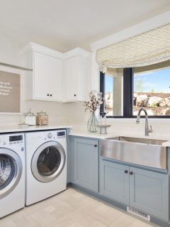 Kenmore Elite Dryer Not Heating - What To Do?, Light blue and gray cabinets with beautiful view out oversized windows, Kenmore Elite Dryer Not Heating - What To Do?
