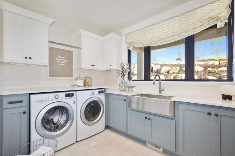Kenmore Elite Dryer Not Heating - What To Do?, Light blue and gray cabinets with beautiful view out oversized windows, Kenmore Elite Dryer Not Heating - What To Do?