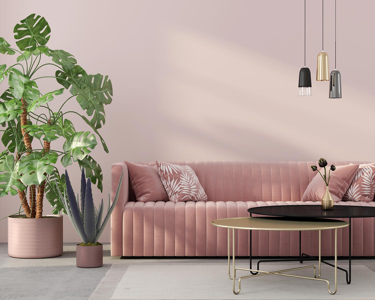 Living room in pink with velvet sofa