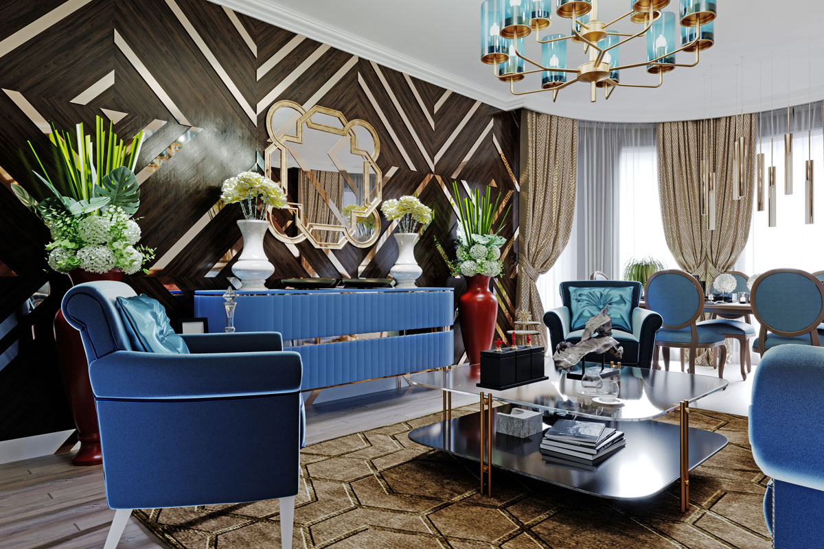 Luxurious luxury living room with wood paneling on the walls with gold accents, blue furniture, brown walls