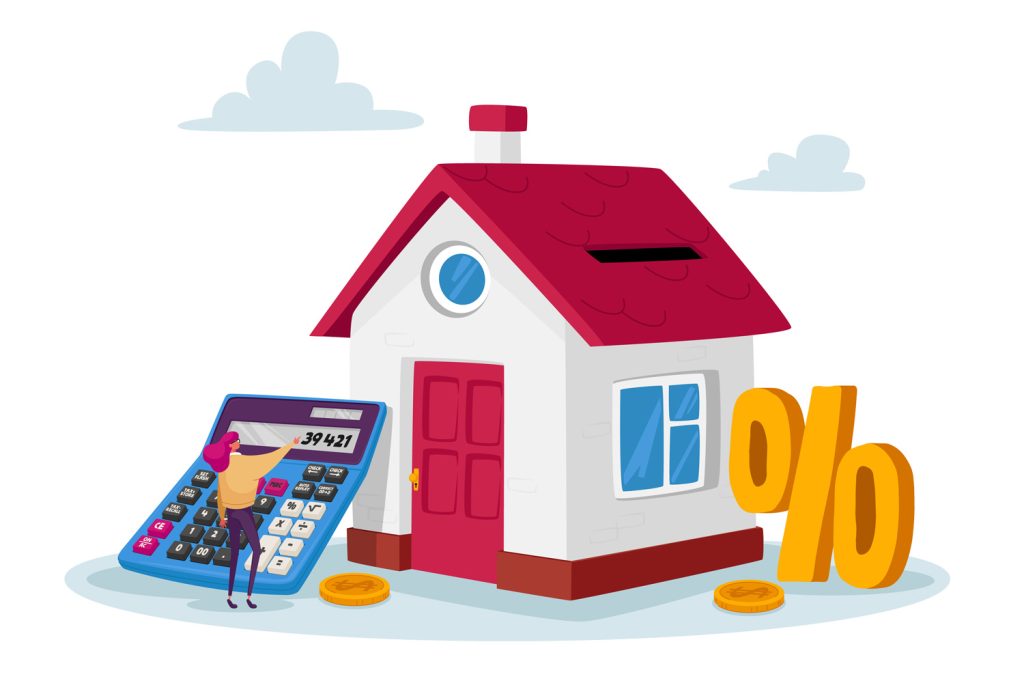 Mortgage and Home Buying Concept. Tiny Female Character with Huge Calculator and Percent Symbol at House with Golden Coins Calculate Bank Loan for Purchasing Real Estate. Cartoon Vector Illustration