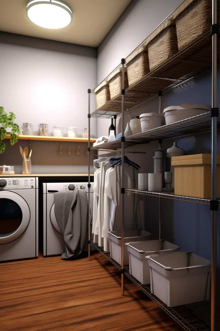 Laundry room with simple metal shelving holding multiple laundry baskets for organizational purposes