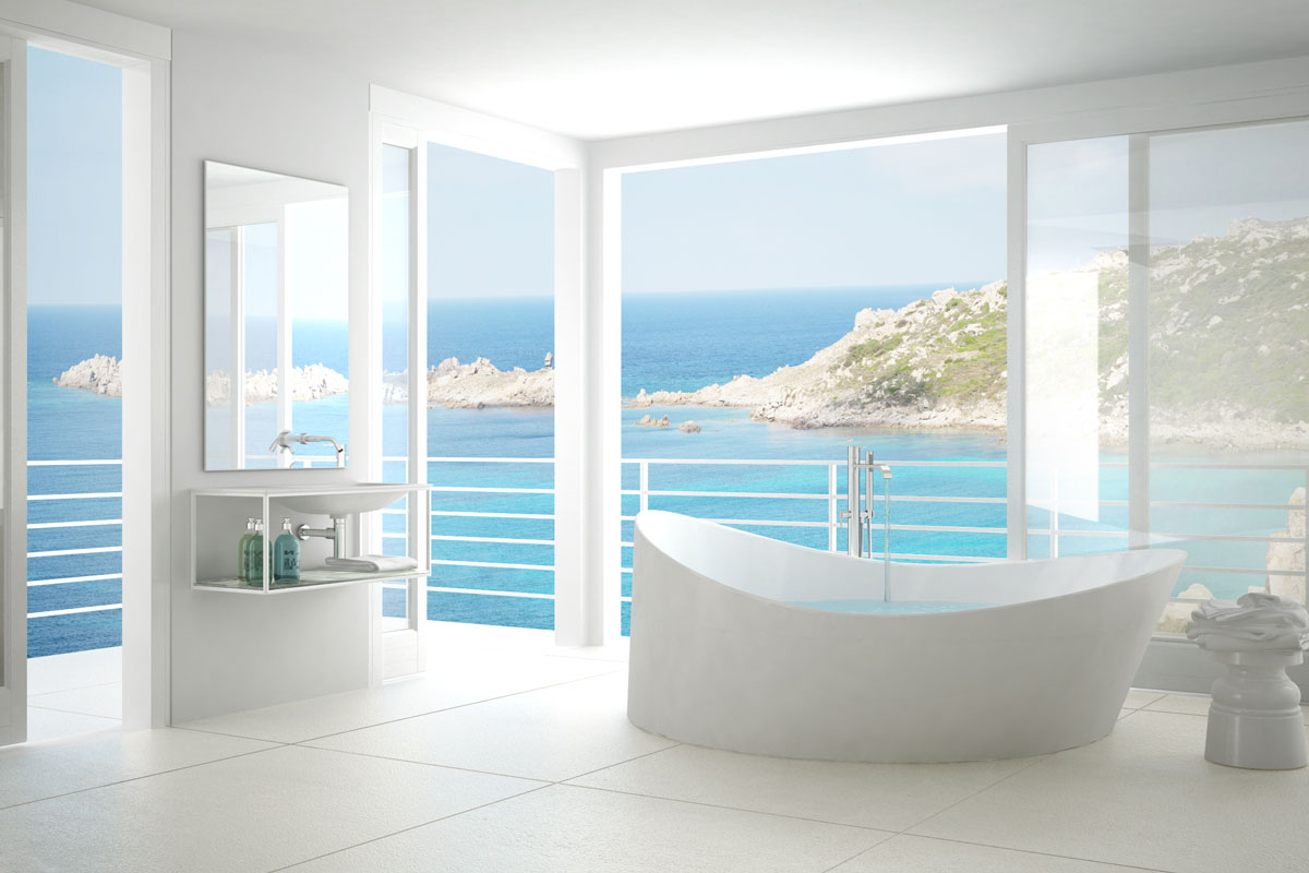 Minimalist bathroom with big bath tub and panoramic window, italian interior design