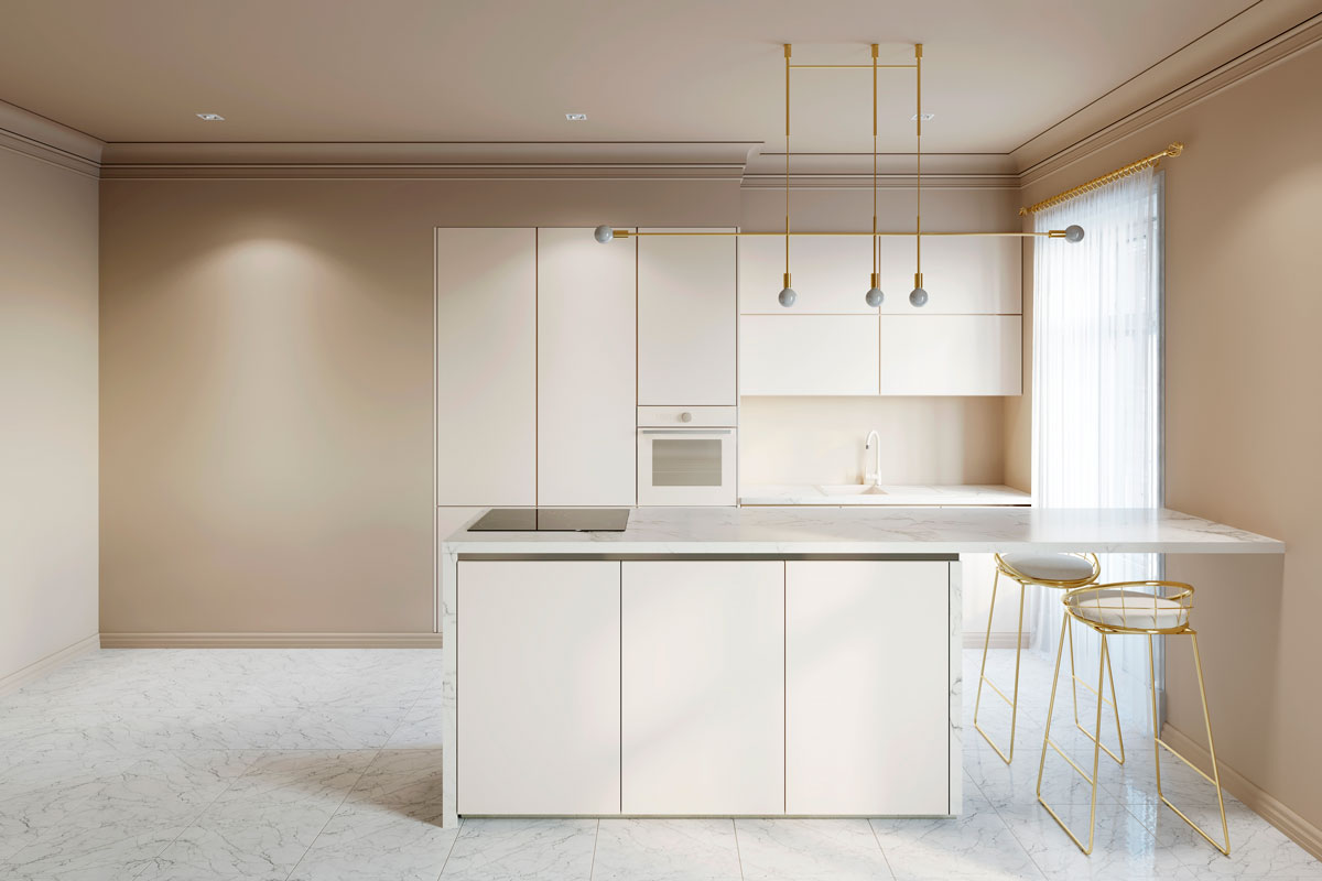 Minimalist inspired kitchen with white cupboards with dangling lamps