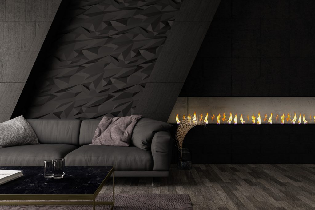Modern Black Living Room with Sofa and Fireplace.