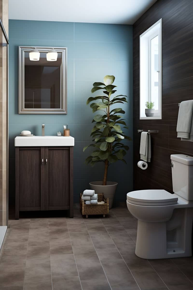 modern bathroom with stone-like brown floor tiles, blue-grey walls, and dark fixtures. Feature brown and white towels for contrast