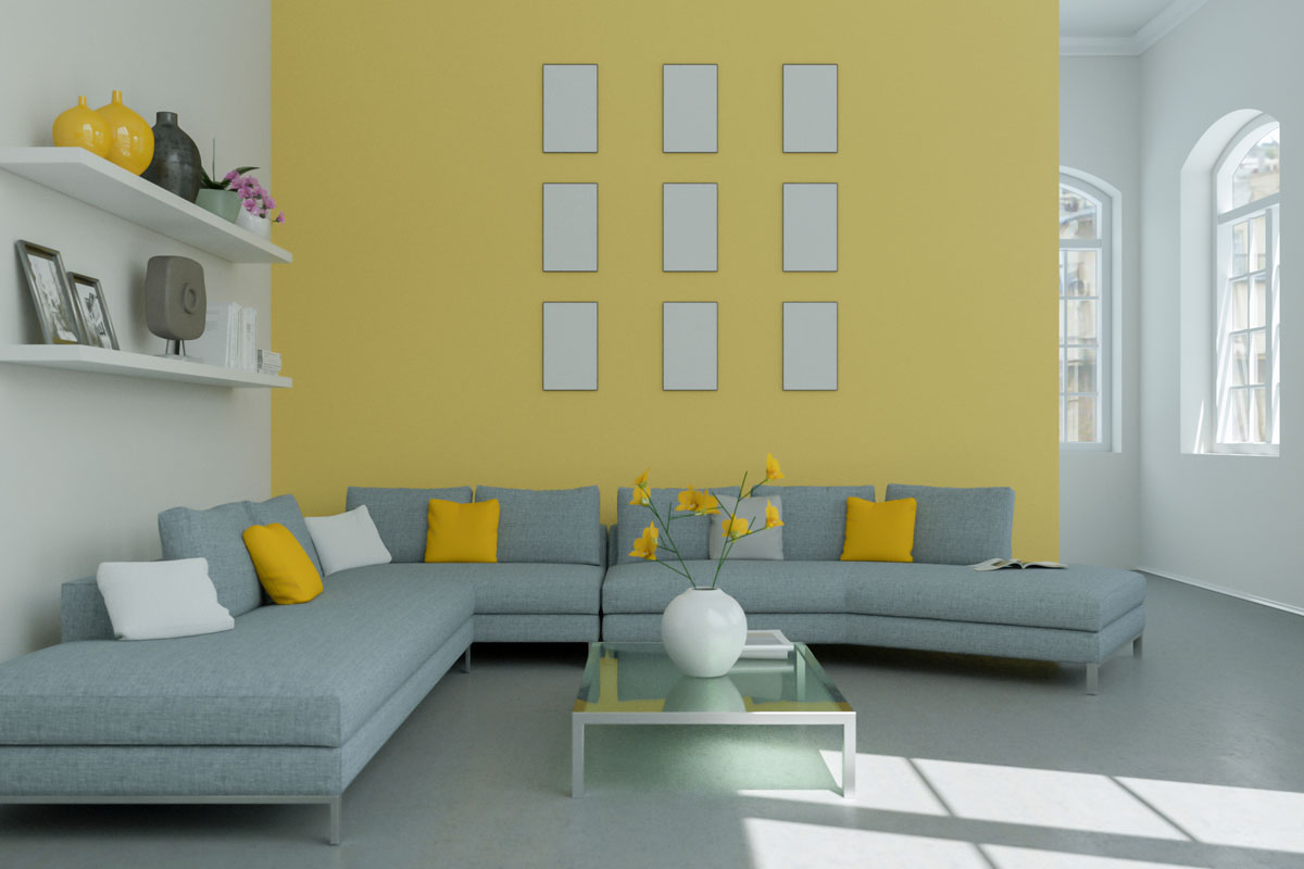 Modern bright flat interior design with yellow accents with gray sofa furniture