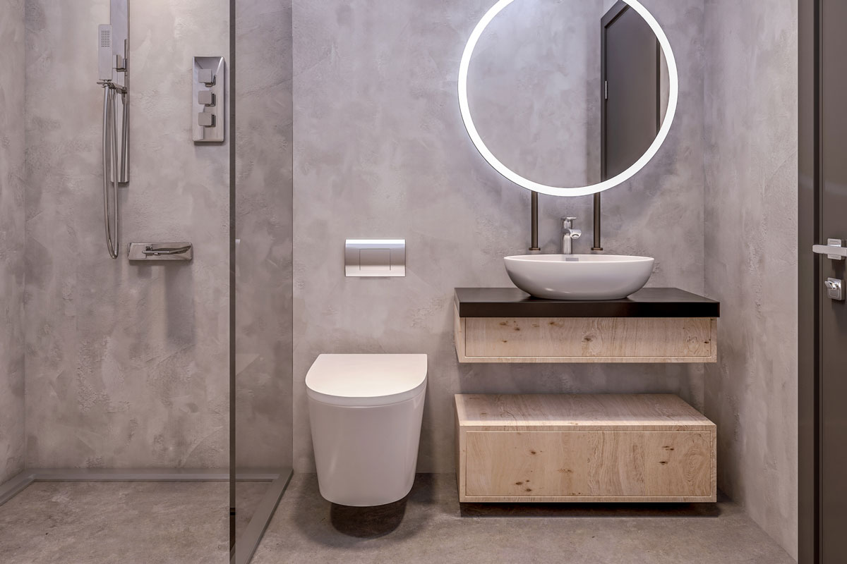 Modern interior design of bathroom vanity, all walls made of stone slabs with circle mirrors, minimalist