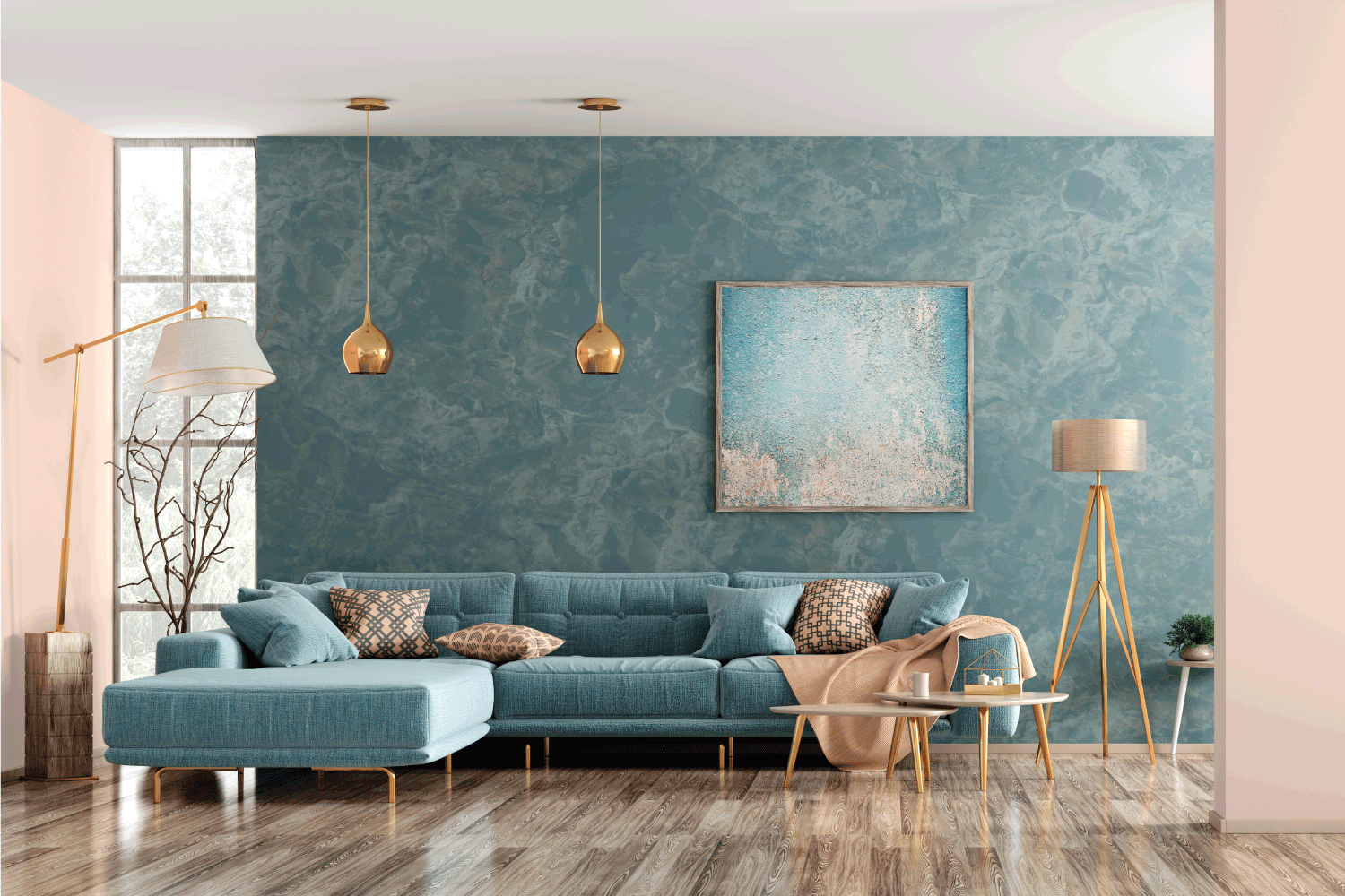 Modern interior of living room with blue corner sofa, coffee tables, floor lamp