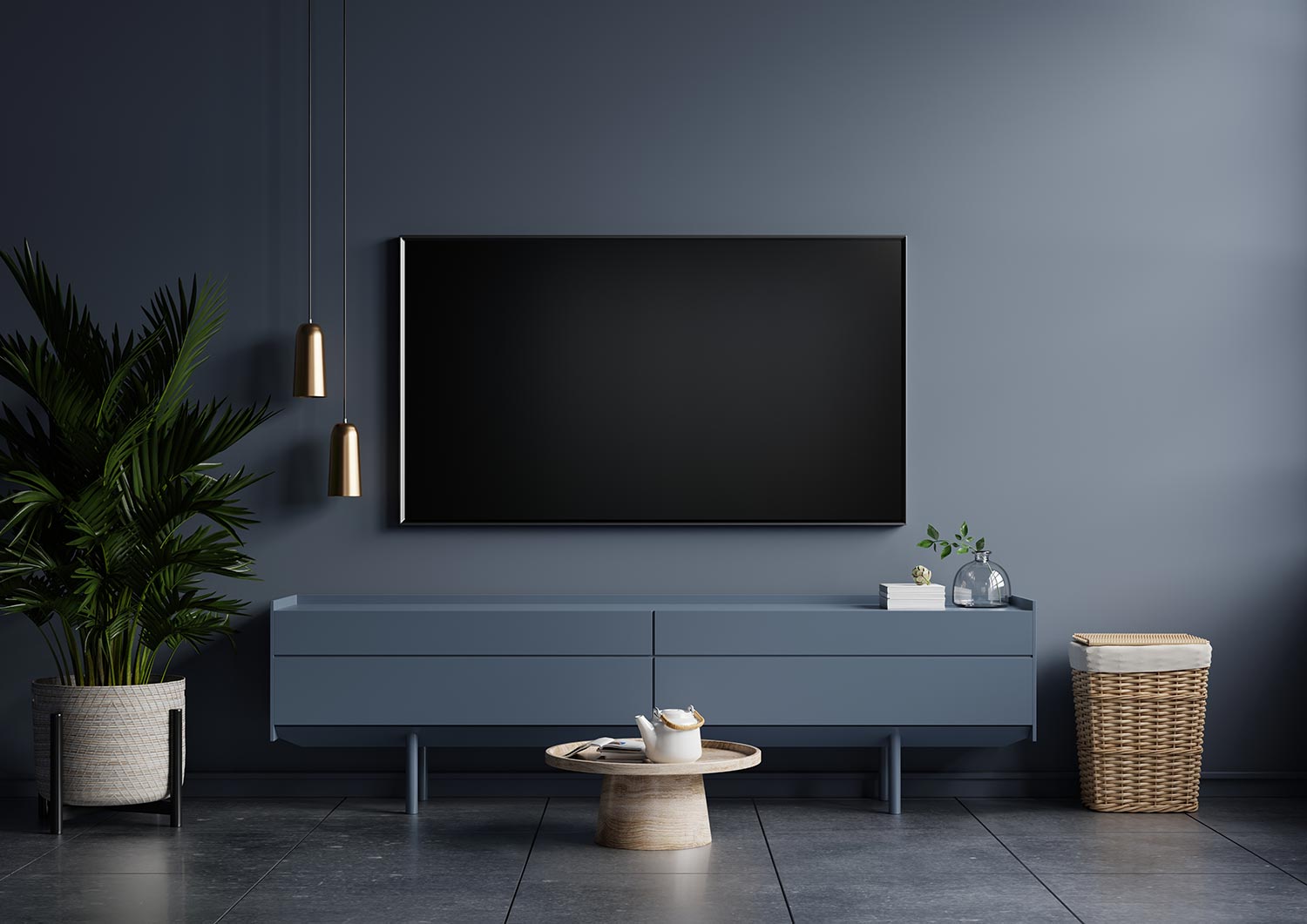 Modern interior of living room with tv on the cabinet on dark blue wal