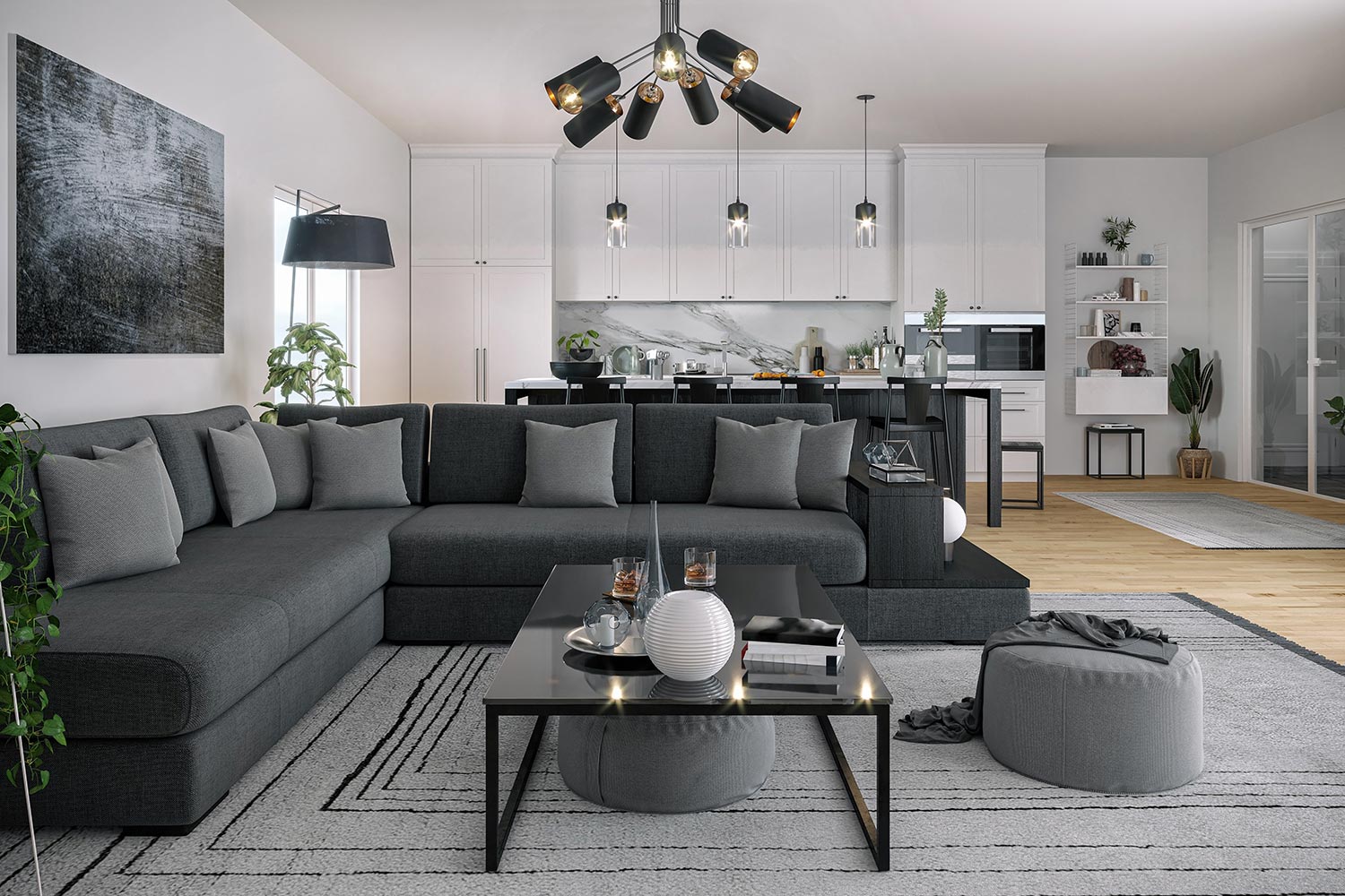 Modern living and kitchen area. White walls and light wooden flooring in kitchen area contrasting with dark gray couch, dark gray throw pillows, black glass coffee table and gray rug