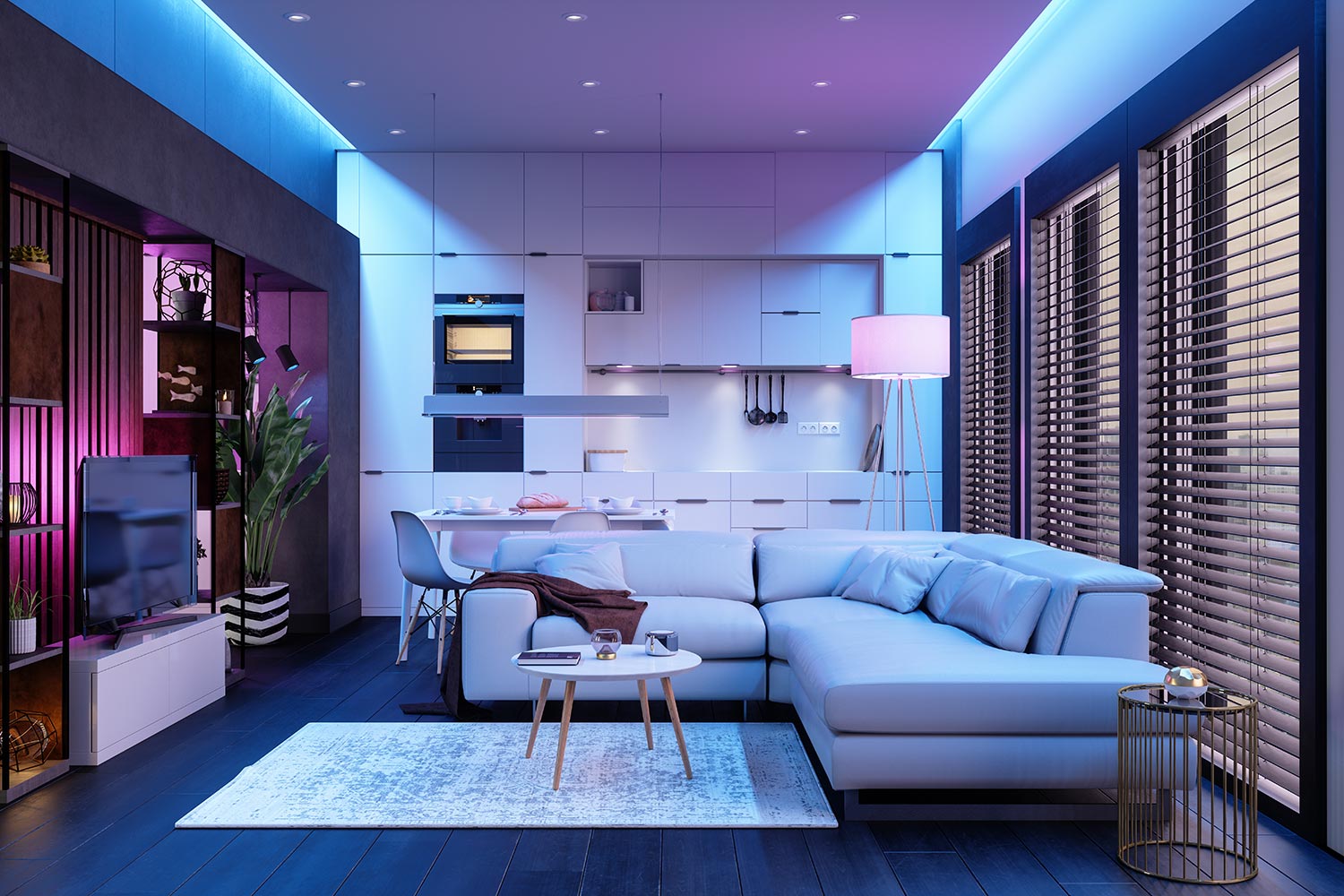 Modern living room and open plan kitchen at night with neon lights