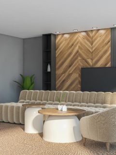 A modern living room with beige sofa and coffee tables, Can You Use Vinyl Flooring On Walls? [And How To]