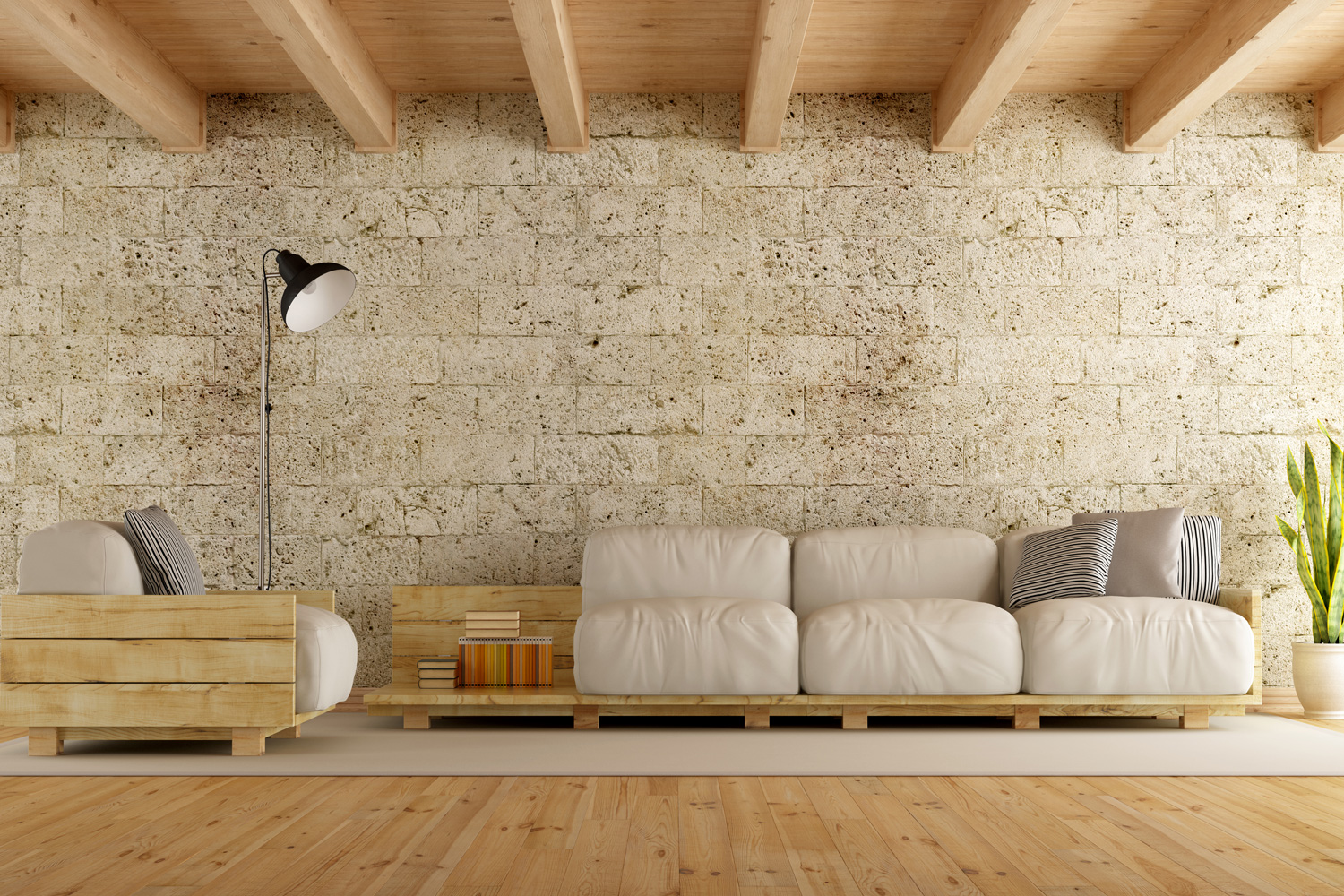 Modern living room with pallet sofa,stone wall and wooden ceiling