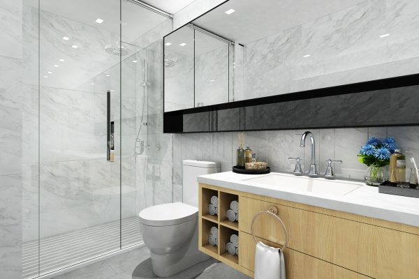 Modern luxurious shower area and a floating cabinet on the vanity with white countertop, What Is The Best Solid Surface For Shower Walls?