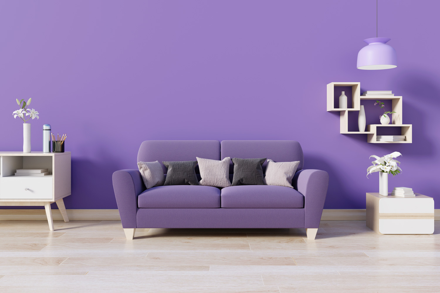 Modern room have purple sofa in open space with lamp and cabinet have wall ultra violet color of the year 