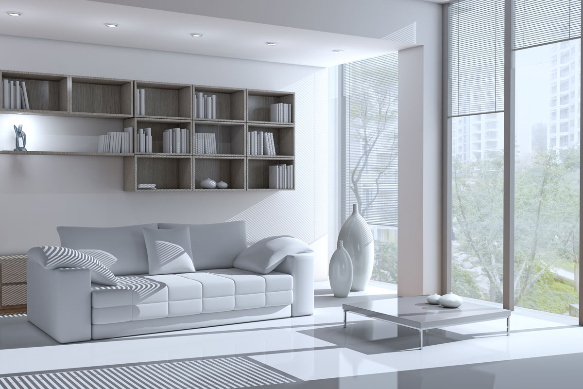 Modern white Interiors and white sofa and great big window beside of it