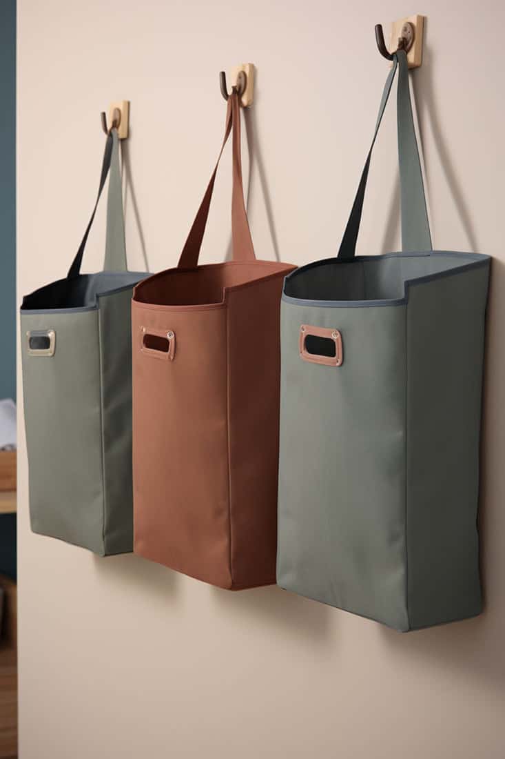 rectangular-opening canvas totes hung on hooks