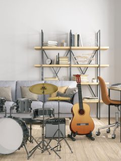 Music room full of instruments displayed and ready to play with white background, 10 Best Color Schemes For Music Rooms