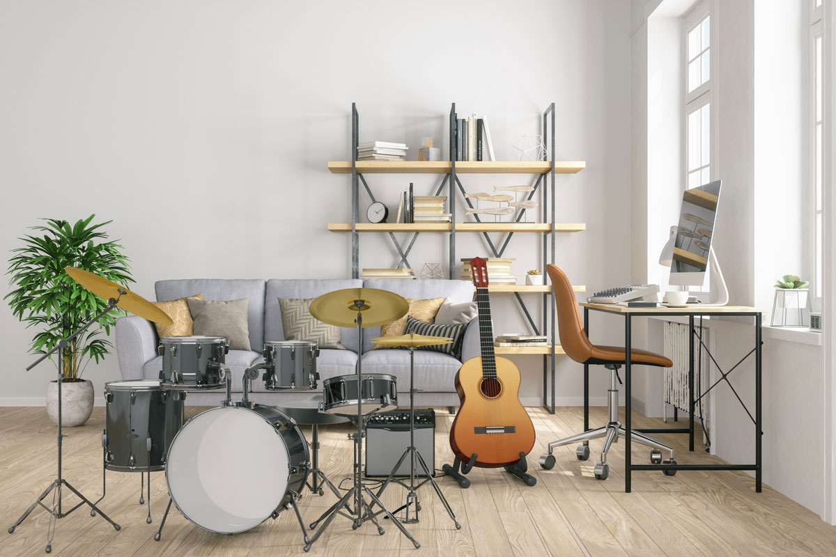 Music room full of instruments displayed and ready to play with white background