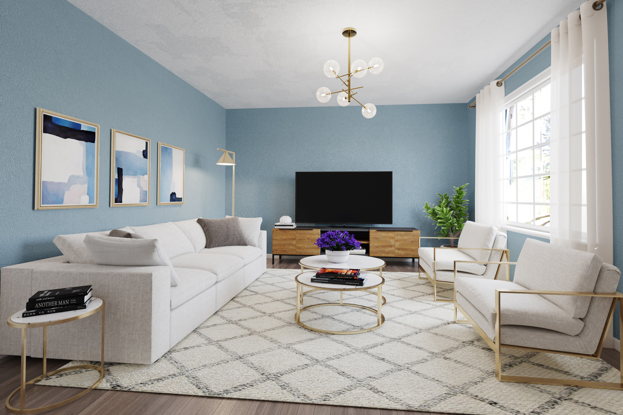 Old beige living room transformed with powder blue walls