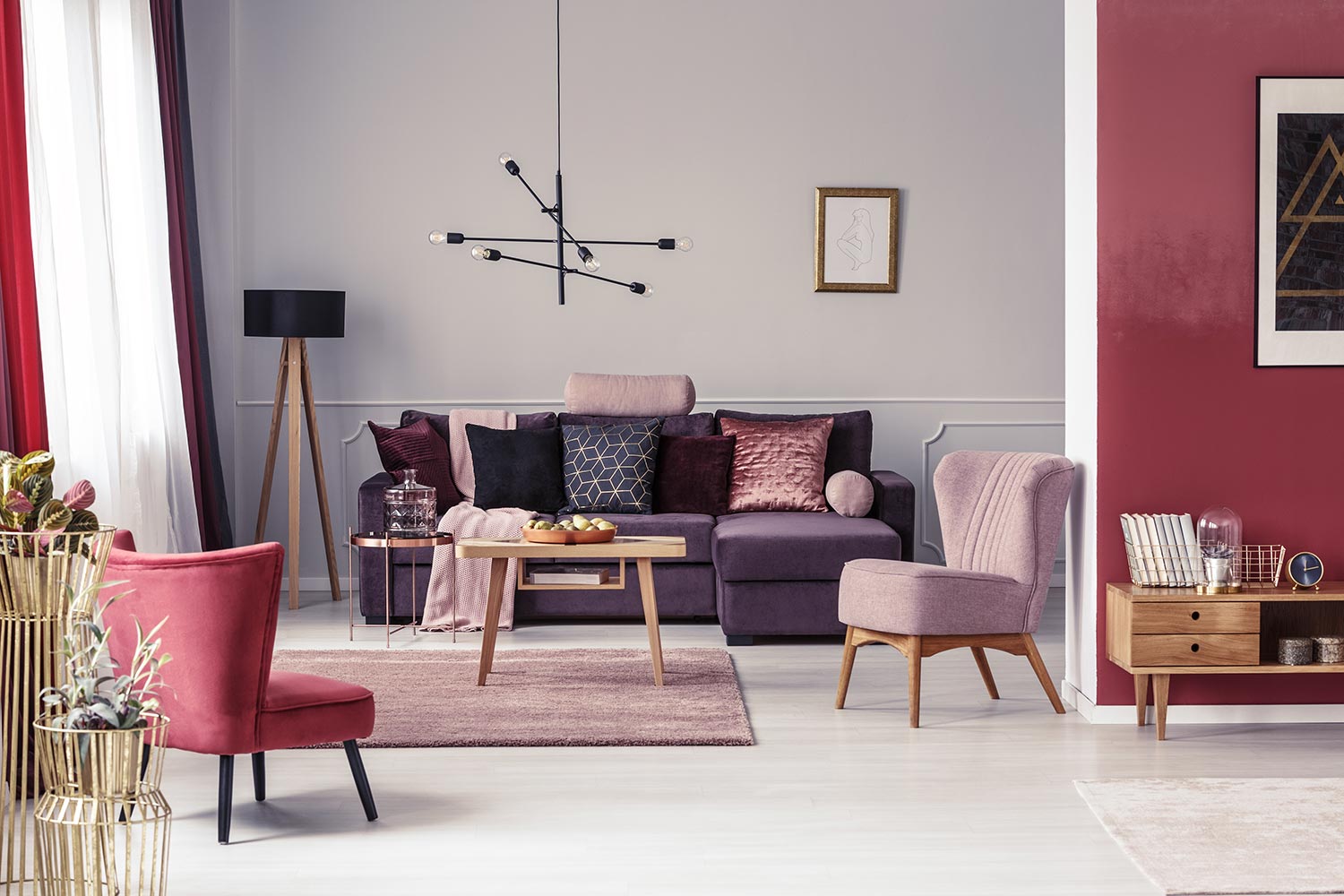Pink and red armchair in warm living room