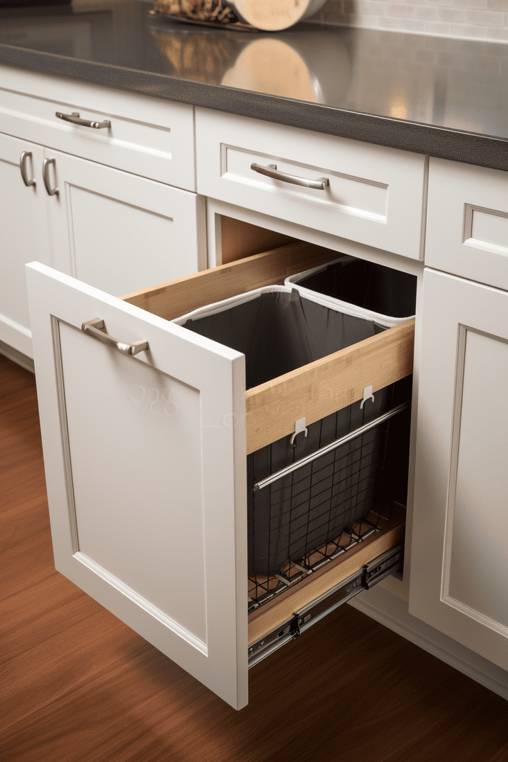 Under-counter pull-out hamper, similar to hidden trash can storage. Tilt-out design with a single laundry basket inside