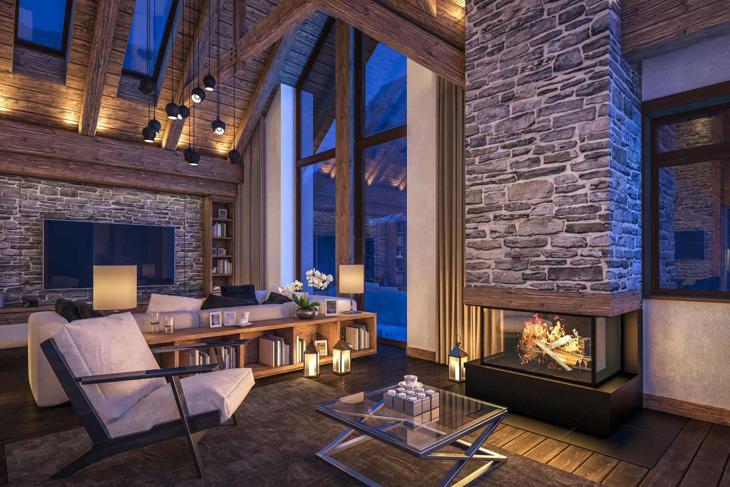 rendering of cozy living room on cold winter night in the mountains, evening interior of chalet decorated with candles, fireplace fills the room with warmth.
