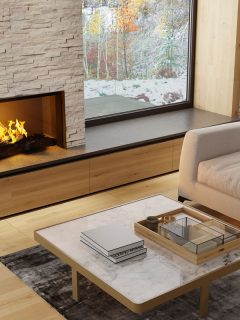 Rustic inspired living room with wooden textured tiles and a fireplace with white decorative stone, How To Hide Fireplace Vents