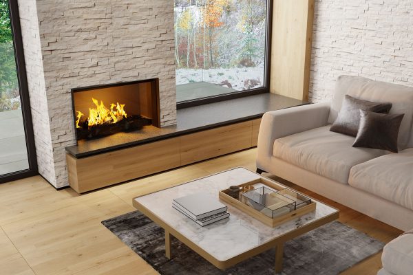 Rustic inspired living room with wooden textured tiles and a fireplace with white decorative stone, How To Hide Fireplace Vents
