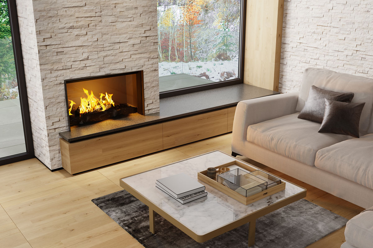 Rustic inspired living room with wooden textured tiles and a fireplace with white decorative stone