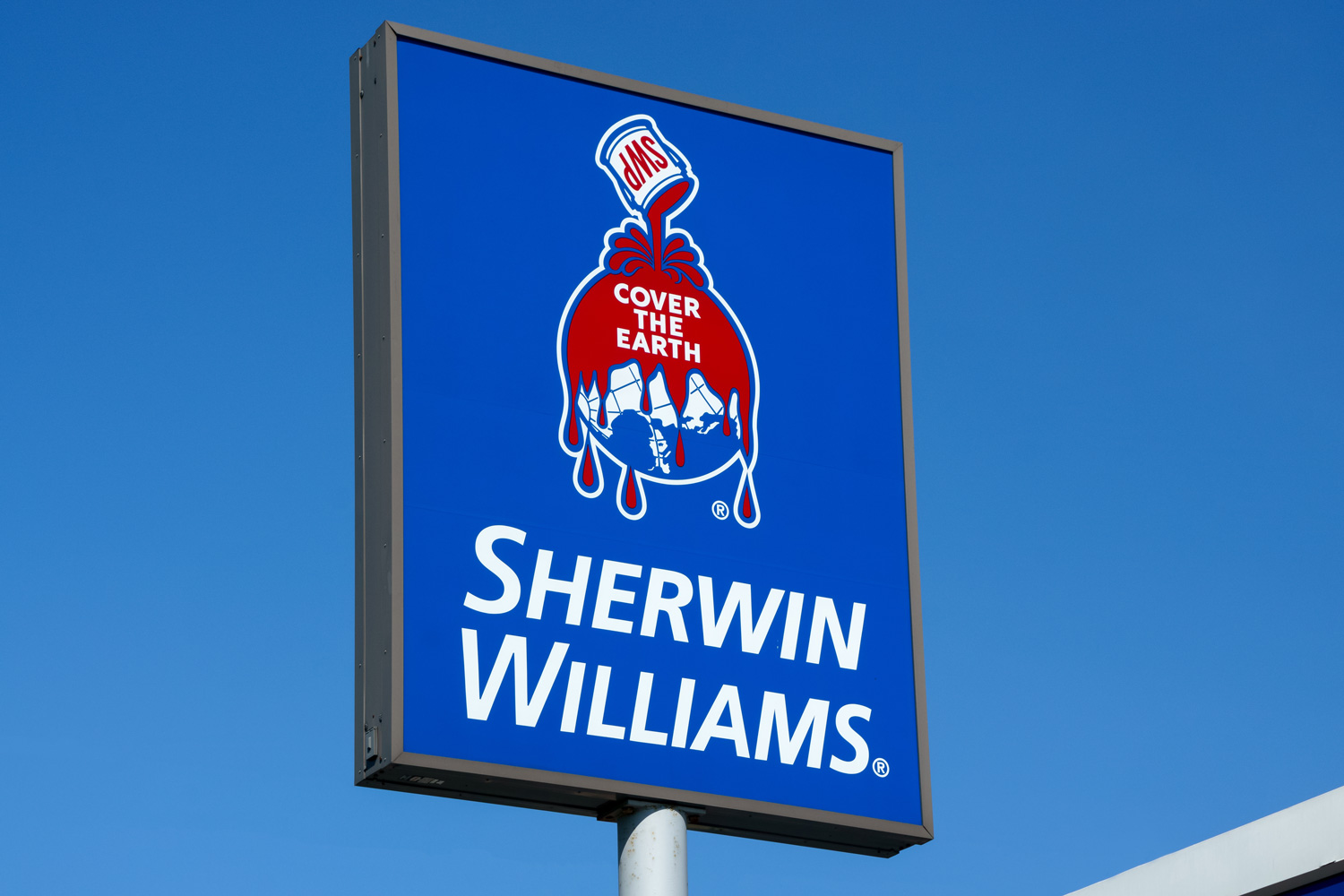 Sherwin-Williams paint store sign and logo. Sherwin Williams Company is an American company in the general building materials industry.