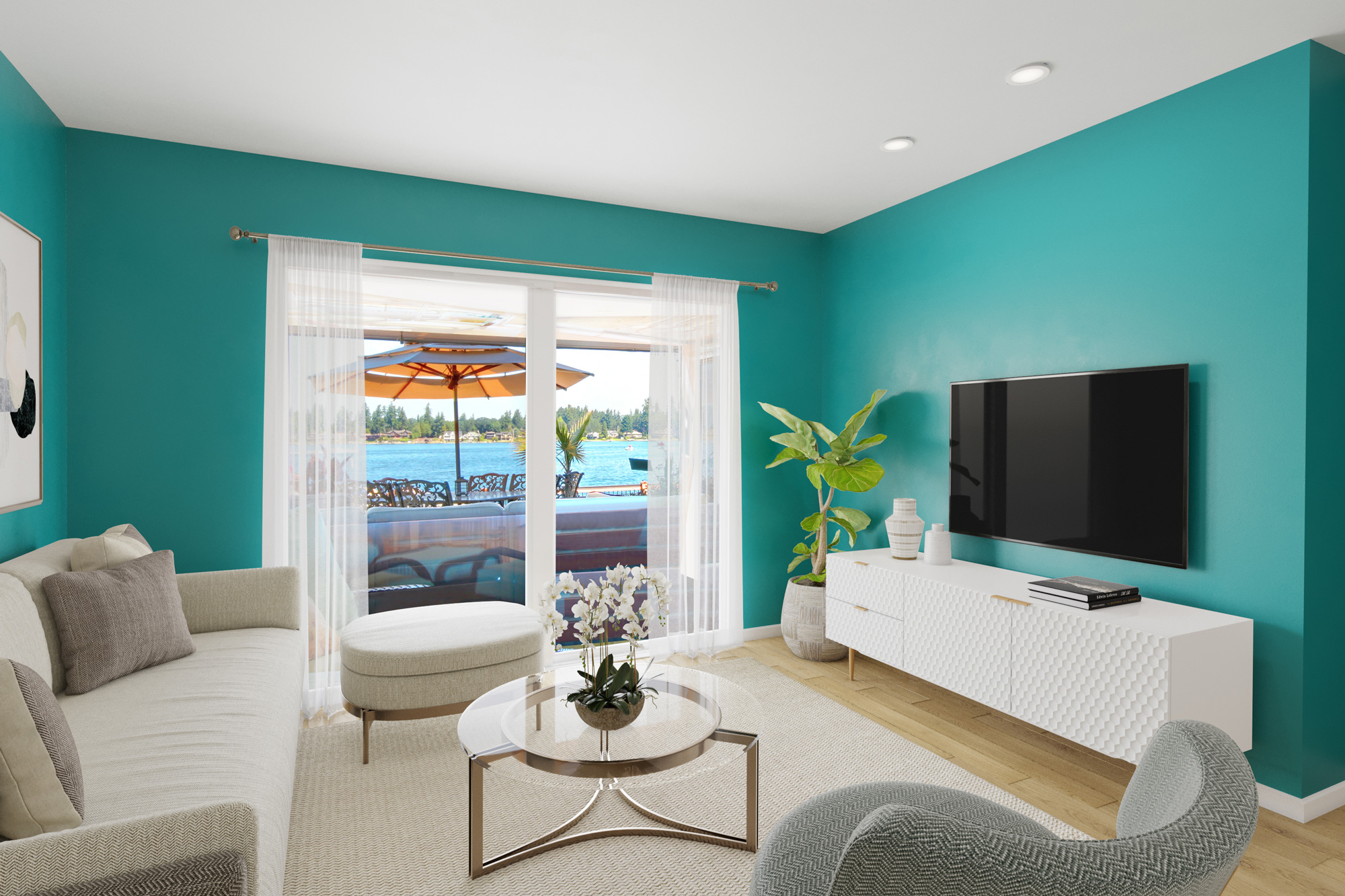 Small cozy beach side living room transformed with teal walls