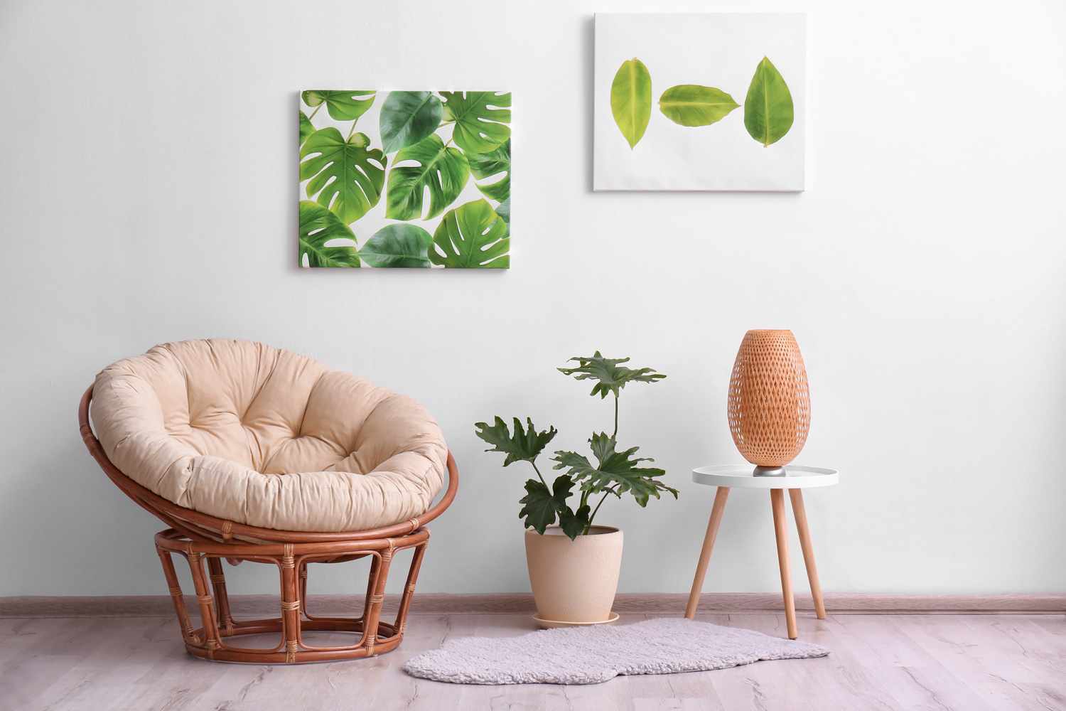 Stylish room interior with tropical leaves and papasan chair