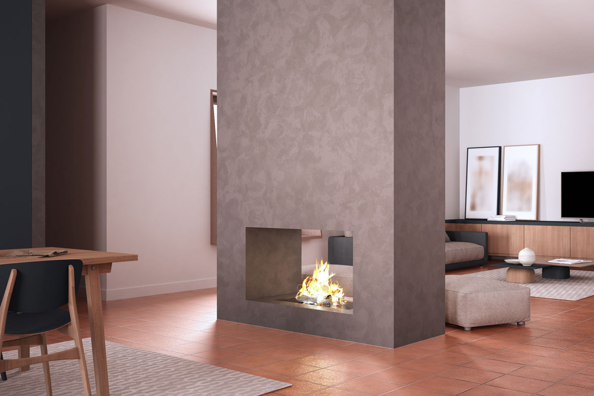 Terracotta tile flooring and a matching gray fireplace