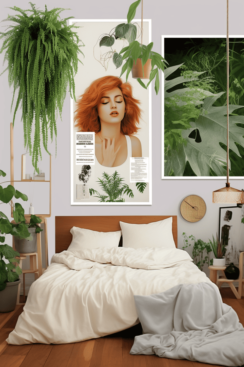 The room includes hanging plants, a fern poster, and earthy tones, creating a harmonious and flowing collage