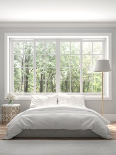 The rooms have wooden floors and gray walls ,decorate with white and gold furniture,There are large window looking out to the nature view, How Long Do Andersen Windows Last?