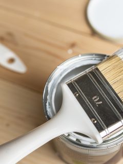 Top view on white paint brush on the opened can on the wooden table or floor painting and renovation repairing concept - How Many Coats Of White Paint Do You Need