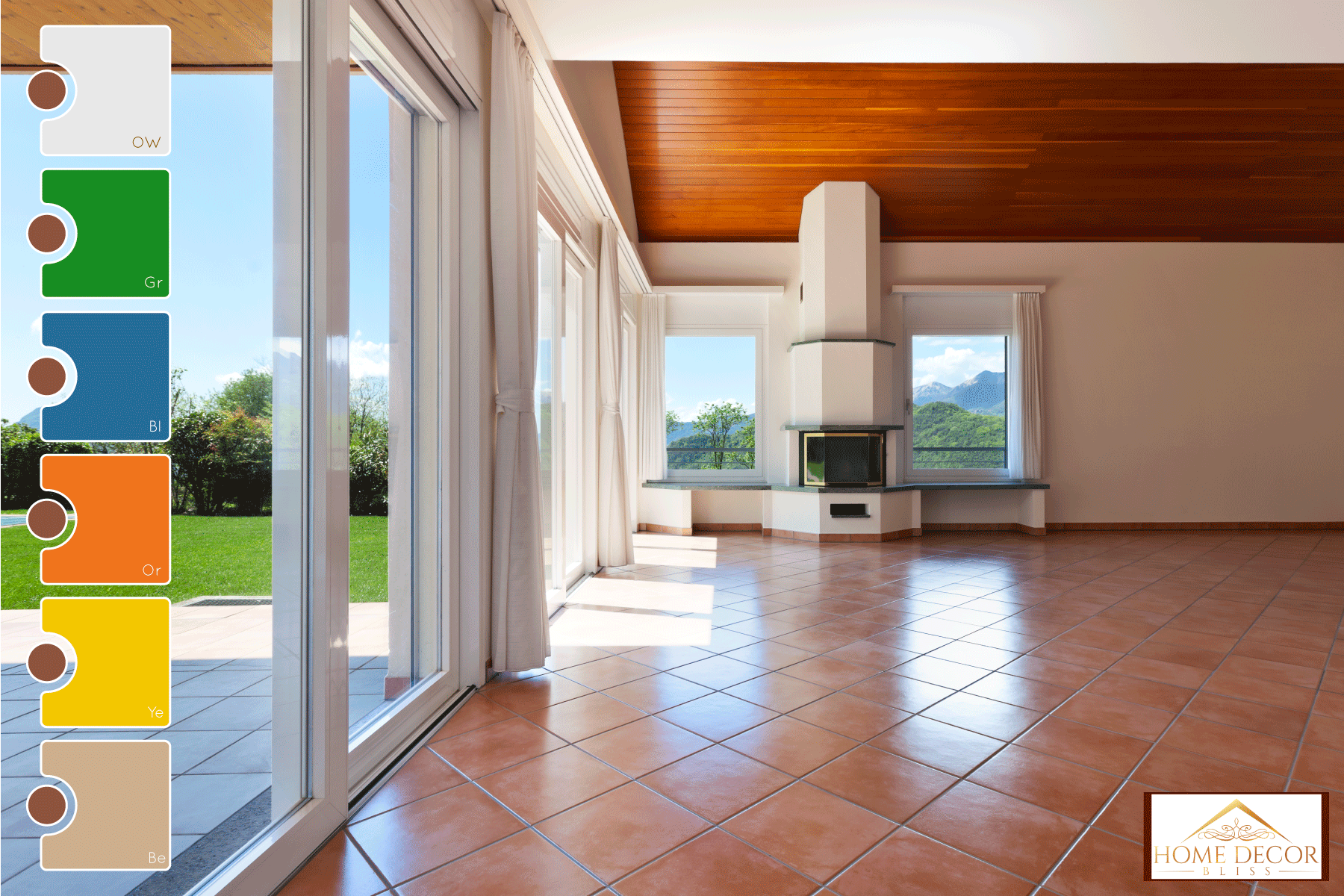 Glass sliding doors and white curtains with terracotta tile flooring, What Colors Go With Terracotta Tile?