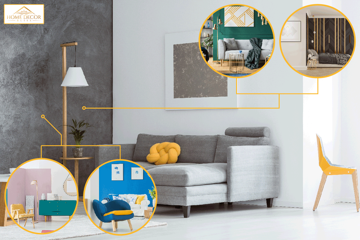 A canary yellow color accent in simple open living room interior with gray couch, What's The Best Paint Finish For An Accent Wall?