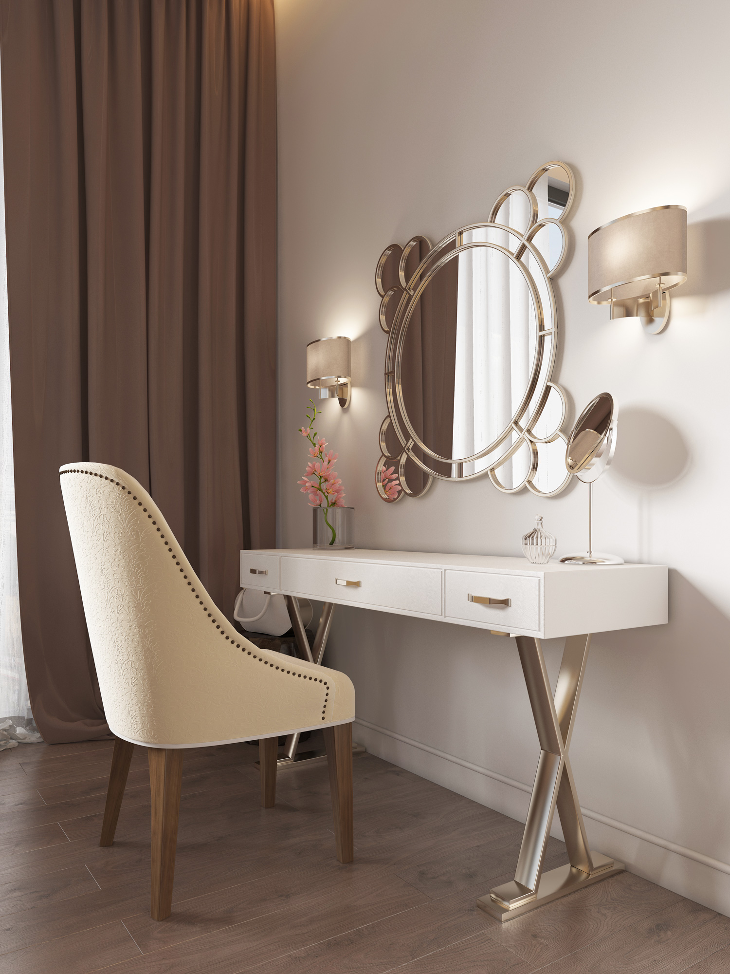 White dressing table with decor, mirror and sconces on the wall. White soft chair.