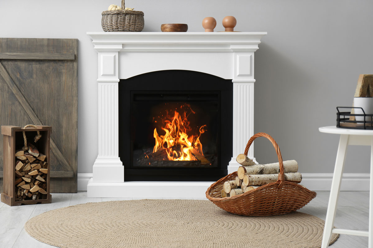 White mantel fireplace with logs on the side